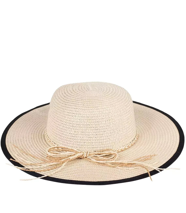 Women's raffia straw hat with black trim