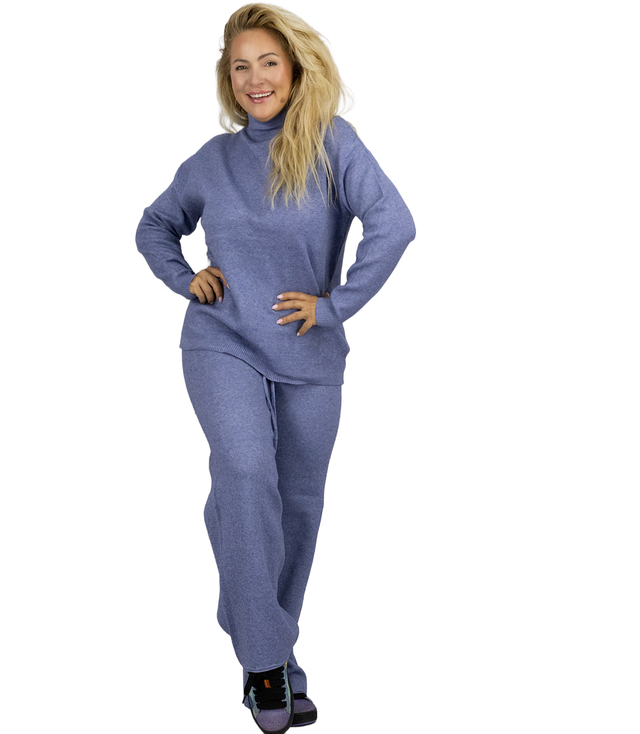 Knitted tracksuit set blouse with stand-up collar and flared pants KAMILLA