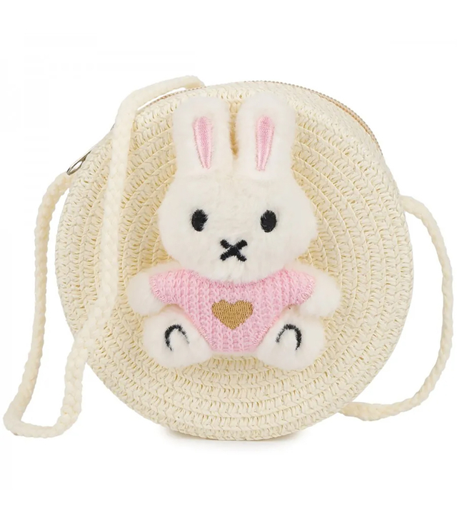 Children's straw bag with plush rabbit