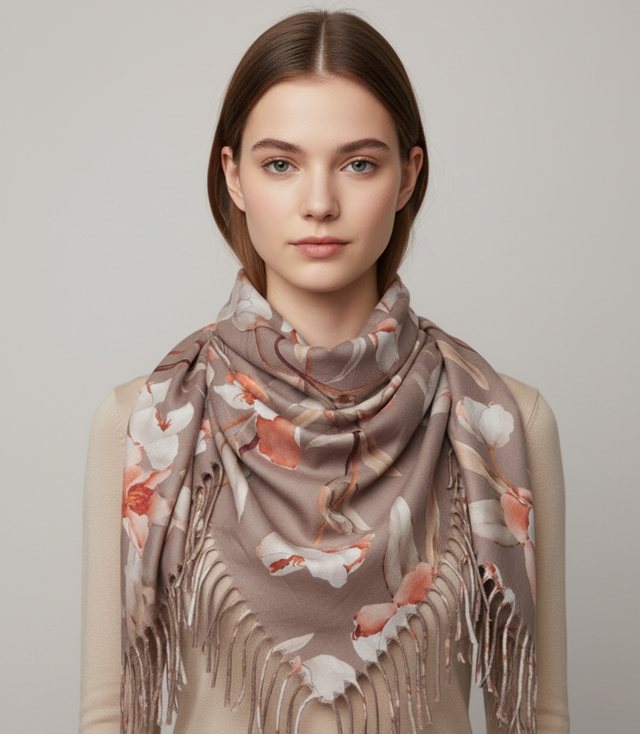 Elegant floral shawl scarf with tassels