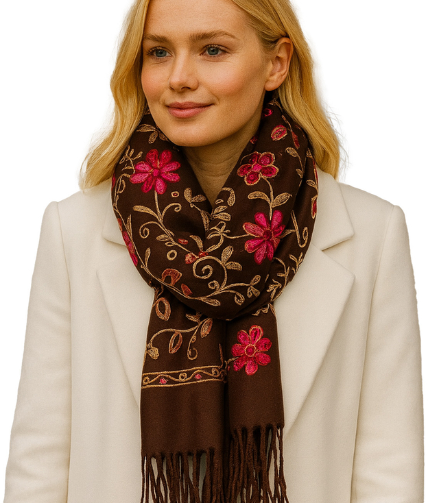 Women's folklore scarf with flower motif and tassels