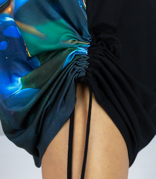 Black tunic dress with colorful print and ties CATALINA