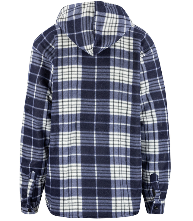 Warm fleece men's plaid shirt with hood insulated with faux fur