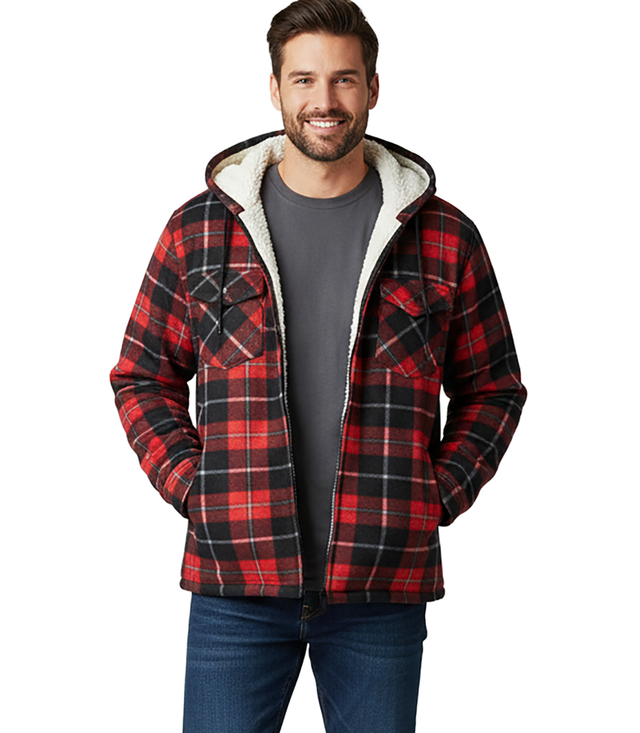 Warm fleece men's plaid shirt with hood insulated with faux fur