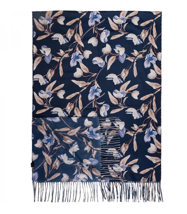 Women's scarf with a motif of small flowers tassels