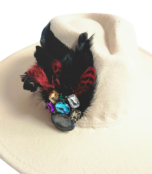 Elegant women's hat with large brooch with feathers and colored zircons