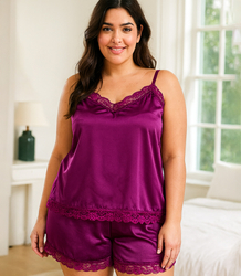 Satin pajama set with lace shorts top petticoat