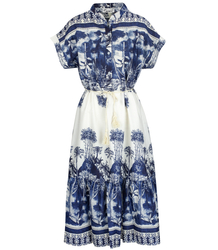 Midi safari print summer dress with a stand-up collar and a NEL belt