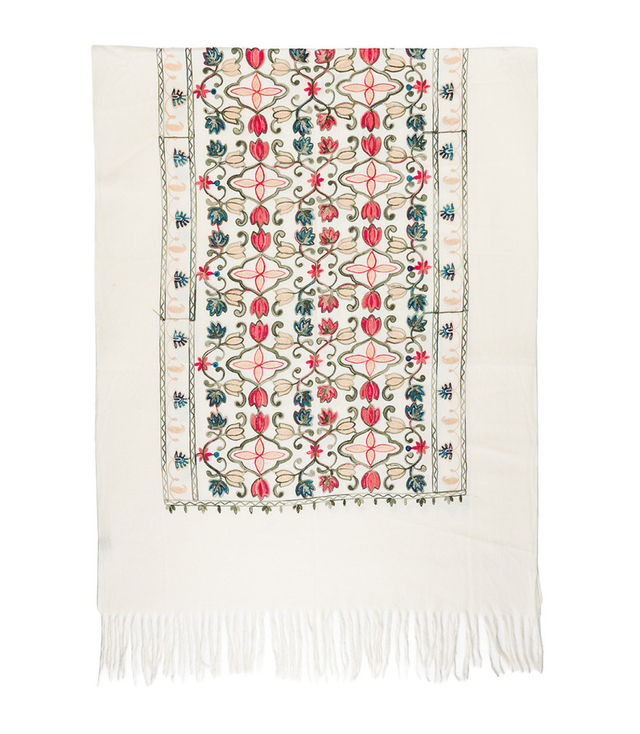 Women's scarf with embroidered pattern and tassels