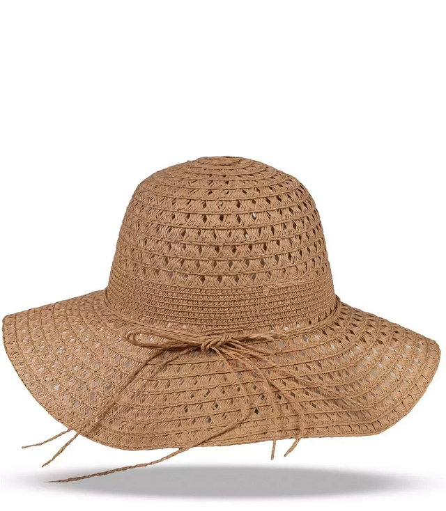 Brown raffia openwork straw hat for women