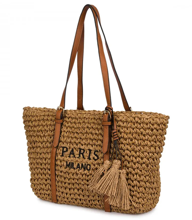 Braided boho handbag with tassels and lettering PARIS MILANO