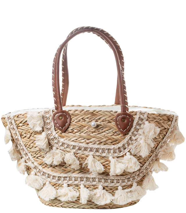 Mega large summer bag braided basket decorated with pom-poms