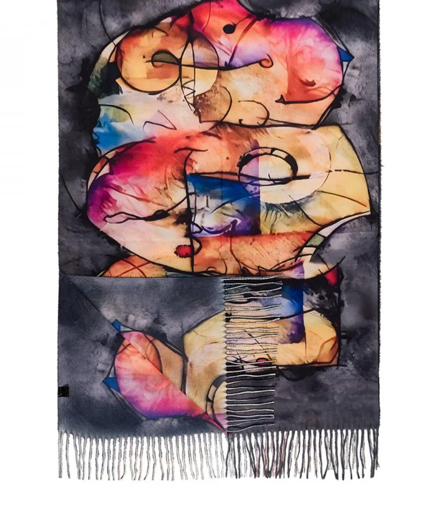 Women's scarf with abstract motif tassels