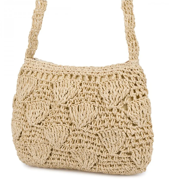 Braided boho handbag with long strap shell pattern