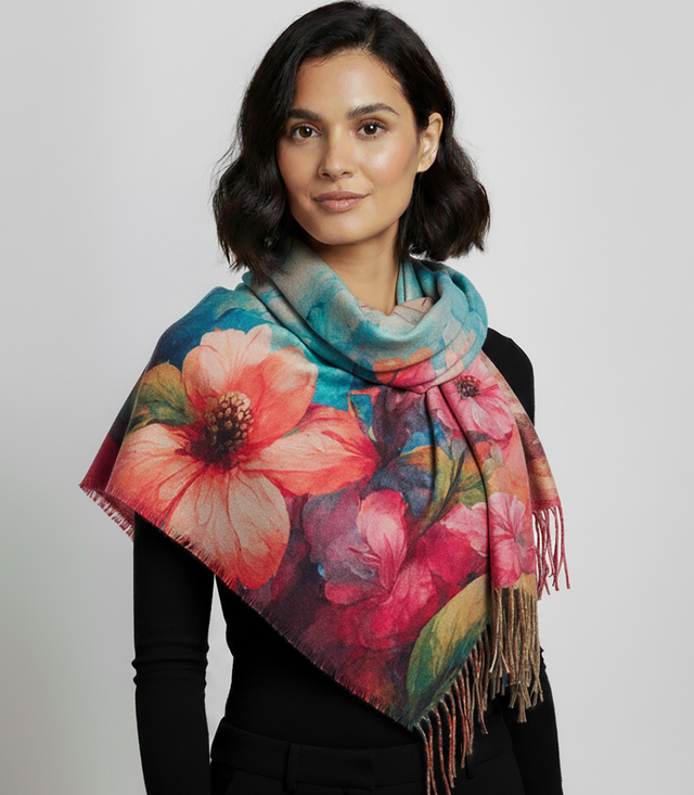 Elegant scarf large flowers with tassels