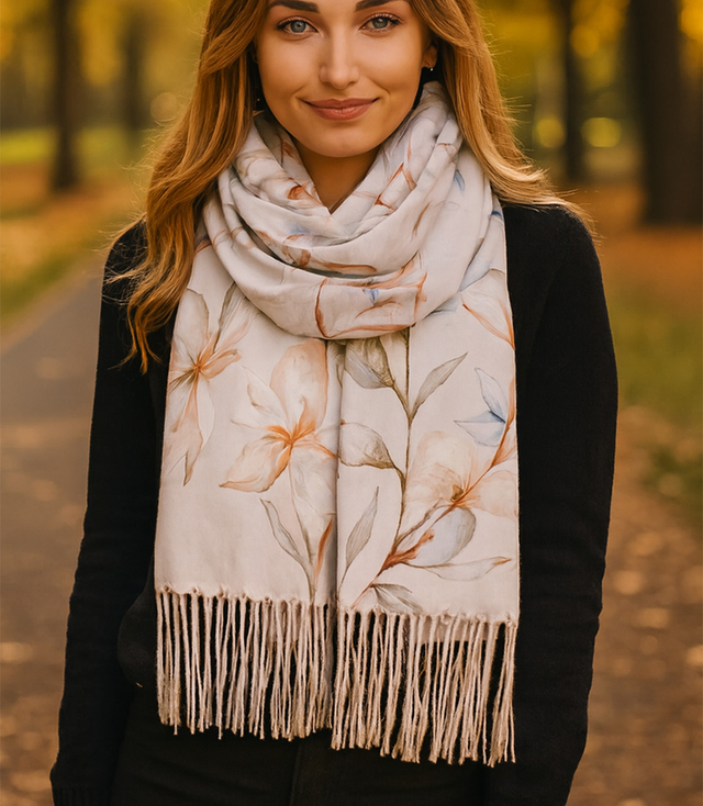 Women's scarf with a motif of small flowers tassels