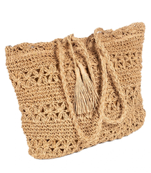 Large rectangular straw beach bag with openwork pattern