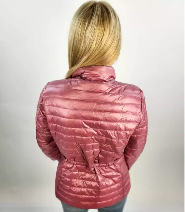 Short transitional quilted jacket with a stand-up collar