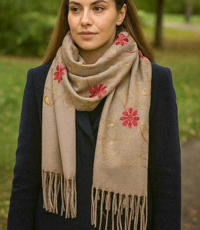 Women's folklore scarf with flower motif and tassels