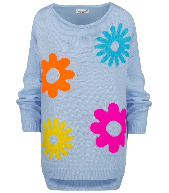 Women's sweater in colorful flowers with a longer back LILANA