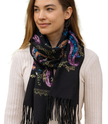 Women's scarf with embroidered pattern and tassels