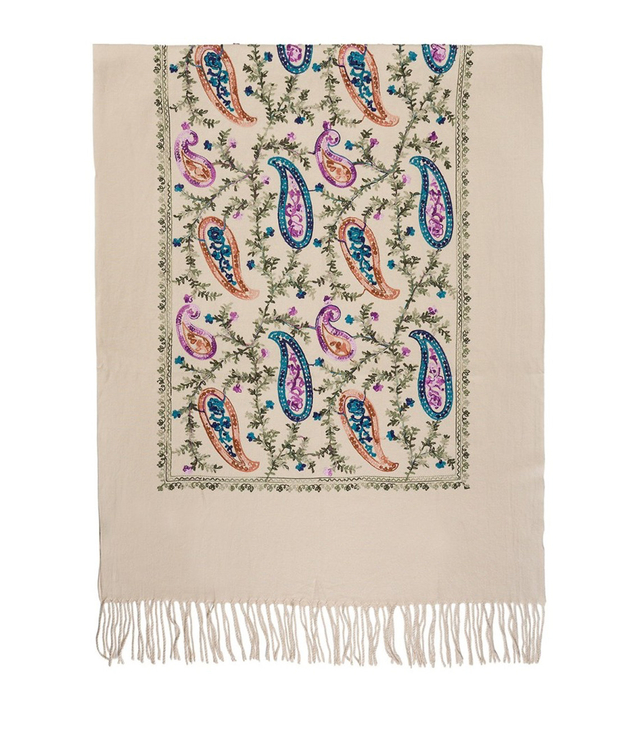 Women's scarf with embroidered pattern and tassels