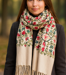 Women's scarf with embroidered pattern and tassels