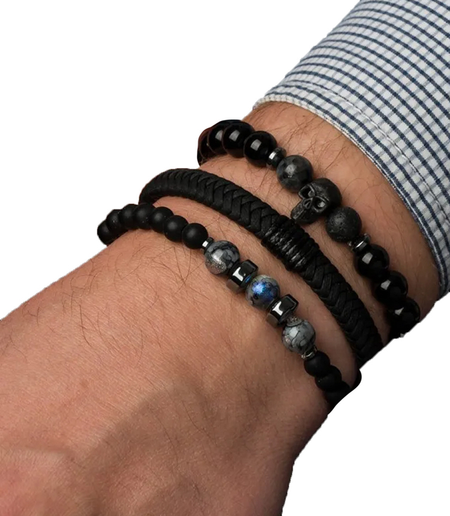 Set of men's bracelets natural stone with skull