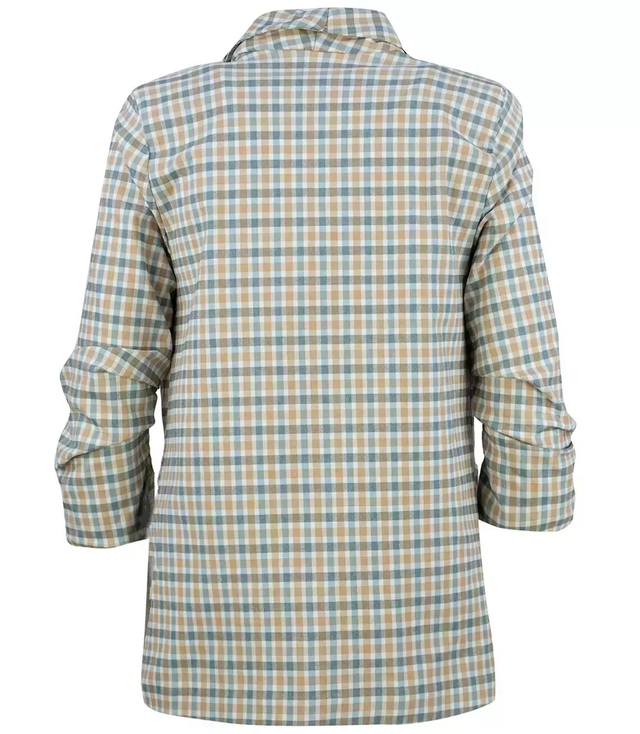 Checked blazer jacket with draped 3/4 sleeves