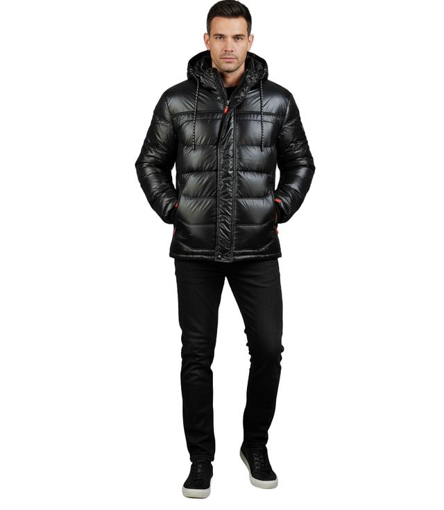 Men's winter quilted jacket with hood and sheen
