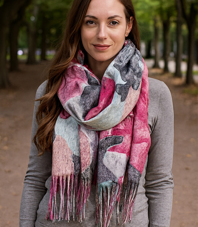 Women's scarf with floral motif and tassels elegant