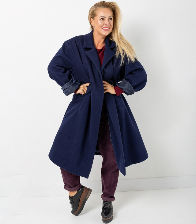 Women's long oversize coat with decorative belt KASIA