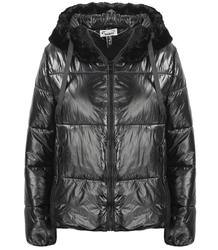 Short winter down jacket with fur hood