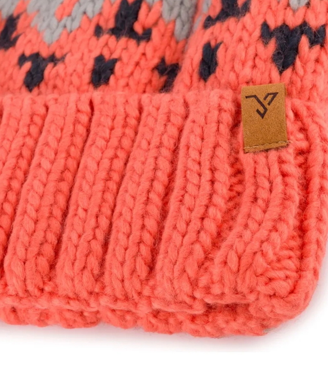 Warm women's cap with colorful pom-pom in winter pattern autumn winter