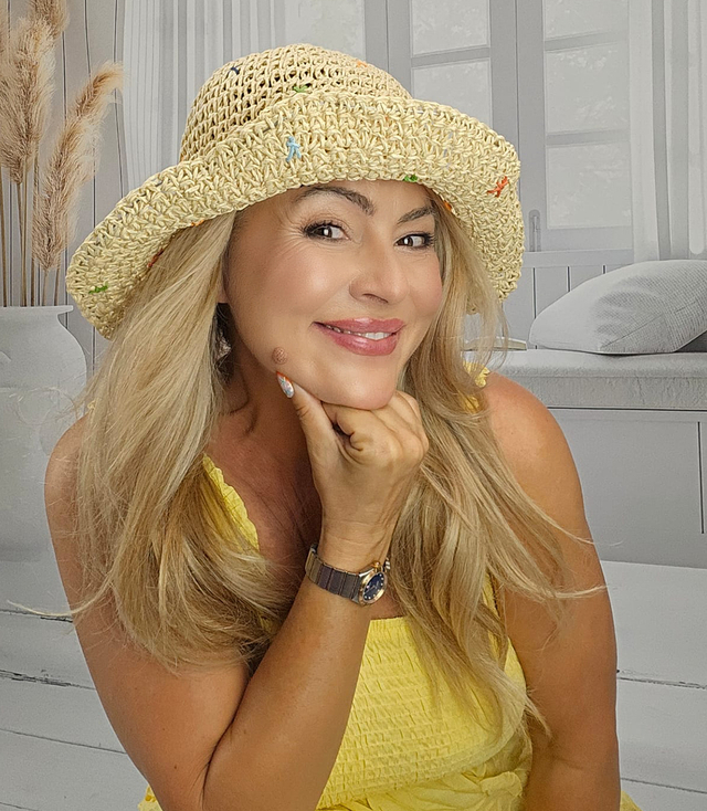 Women's summer hat made of braided raffia with colorful embroidery BUCKET HAT 