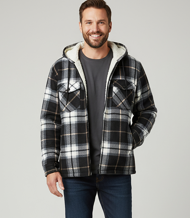 Warm fleece men's plaid shirt with hood insulated with faux fur