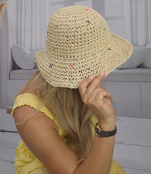 Women's summer hat made of braided raffia with colorful embroidery BUCKET HAT 