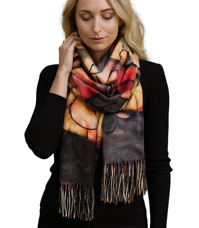 Women's scarf with abstract motif tassels