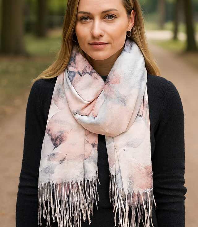 Women's scarf with floral motif and tassels elegant