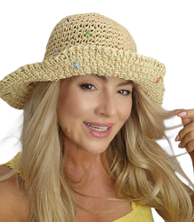Women's summer hat made of braided raffia with colorful embroidery BUCKET HAT 