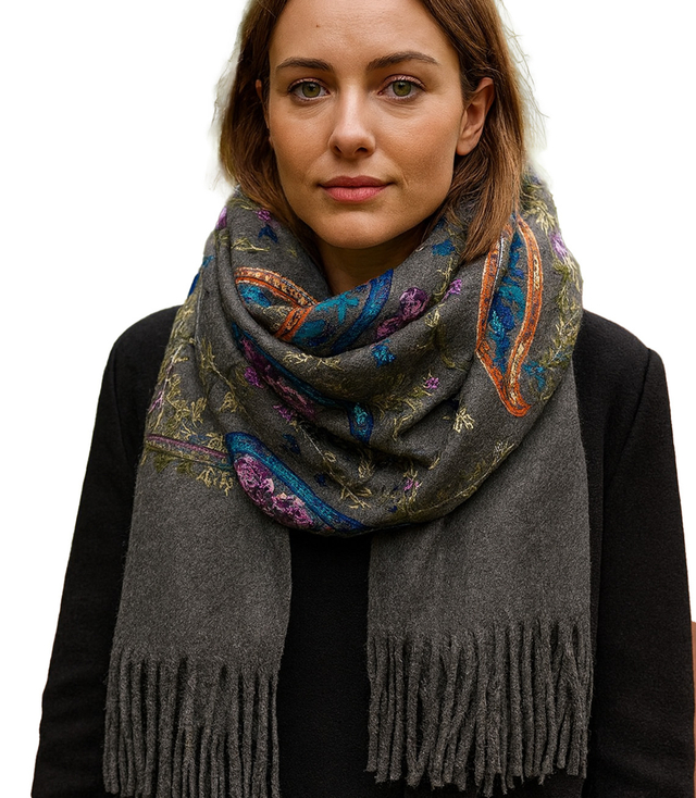 Women's scarf with embroidered pattern and tassels