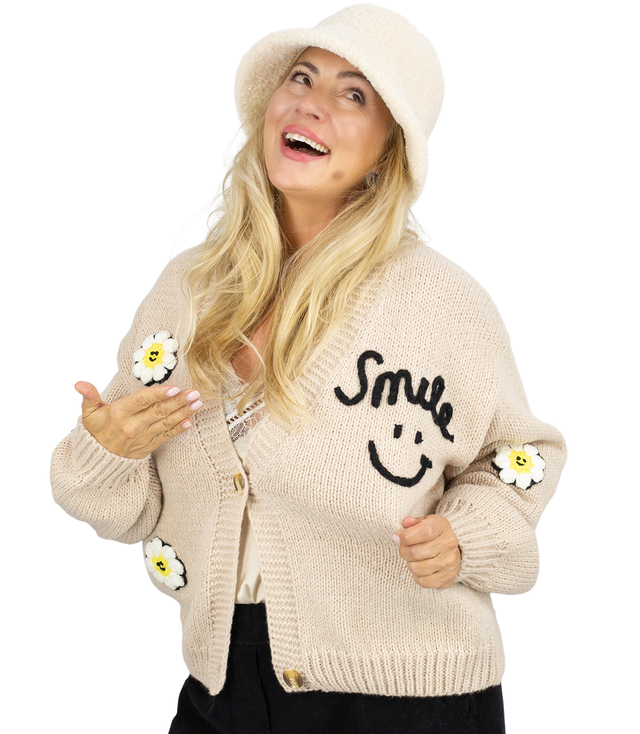 Fashionable sweater cardigan with button patches
