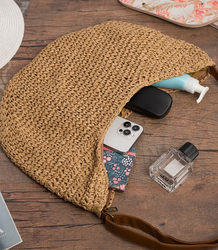 Semi-circular boho handbag with eco-leather strap and zipper closure