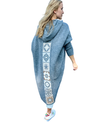 Ciepły sweter damski kardigan grecki wzór z wełną z kapturem