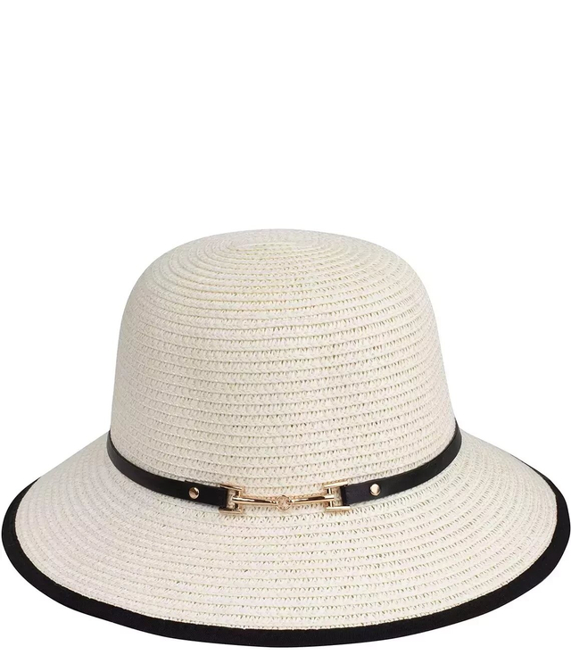 Women's straw raffia hat with black trim