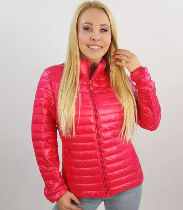 Short transitional quilted jacket with a stand-up collar