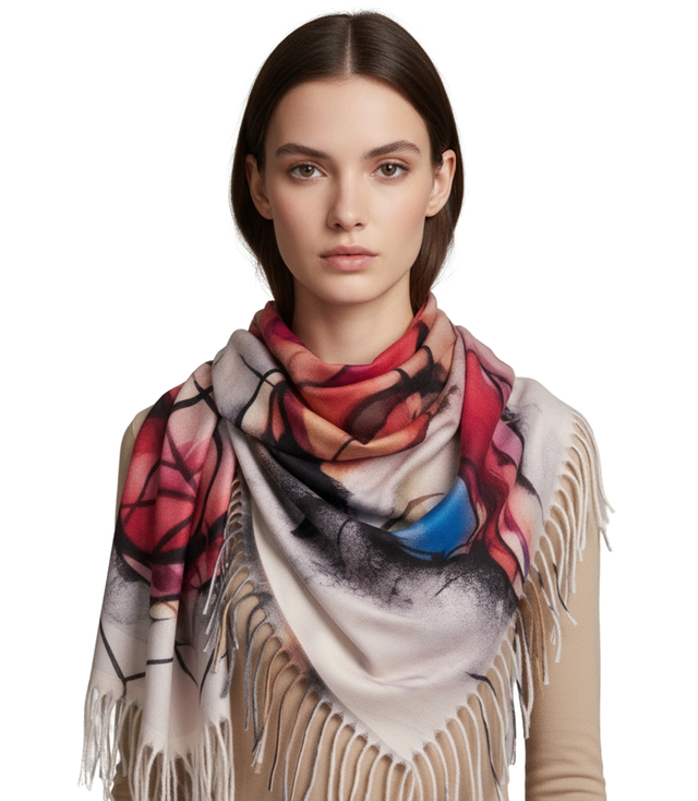 Abstract shawl scarf multicolored elegant with tassels