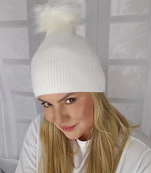 Warm women's beanie with pompon winter autumn ribbed monochrome hat