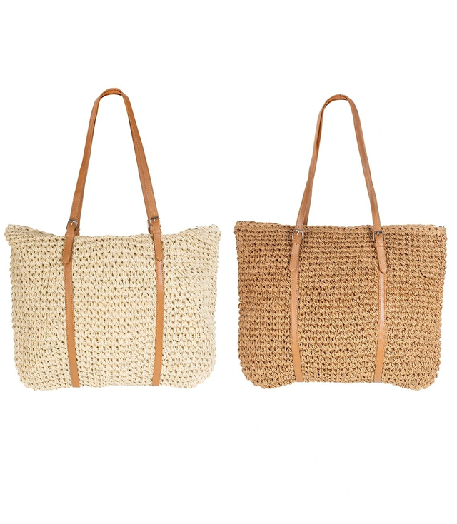 Large rectangular straw beach bag with eco-leather handles