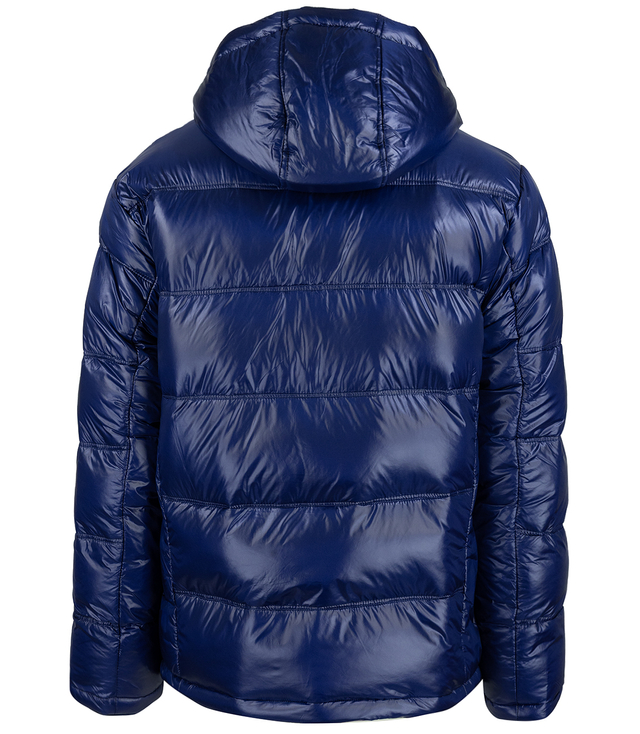 Men's winter quilted jacket with hood and sheen